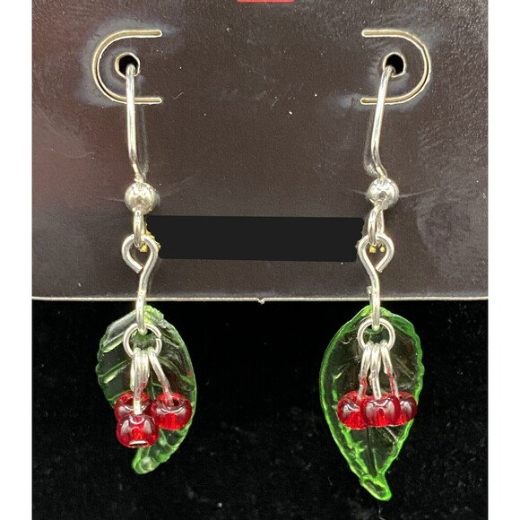 Holly Leaf & Red Glass Bead Silver Tone Earrings by Neanie-Bot - Picture 1 of 1